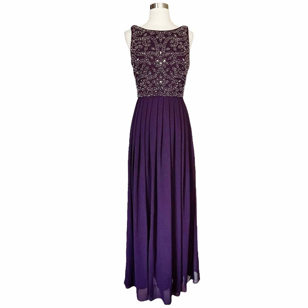 XSCAPE Purple Embellished Dress A-Line Chiffon Pleated Skirt Sleeveless Gown 6
